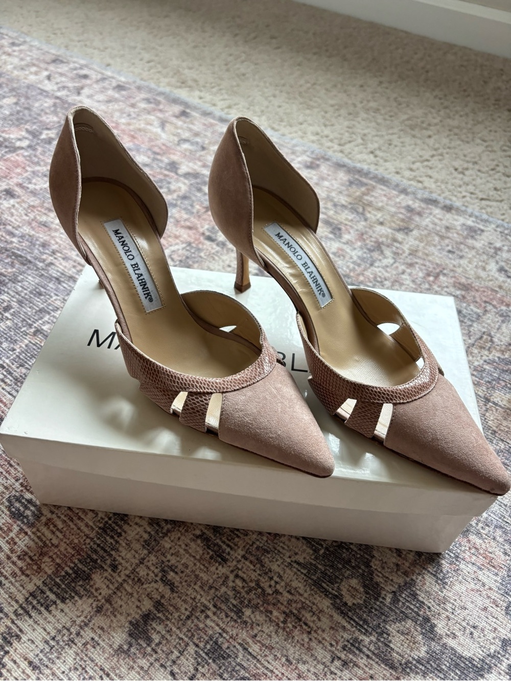 Manolo Blahnik Blush Taupe Suede D'Orsay Pumps with Metallic Accents